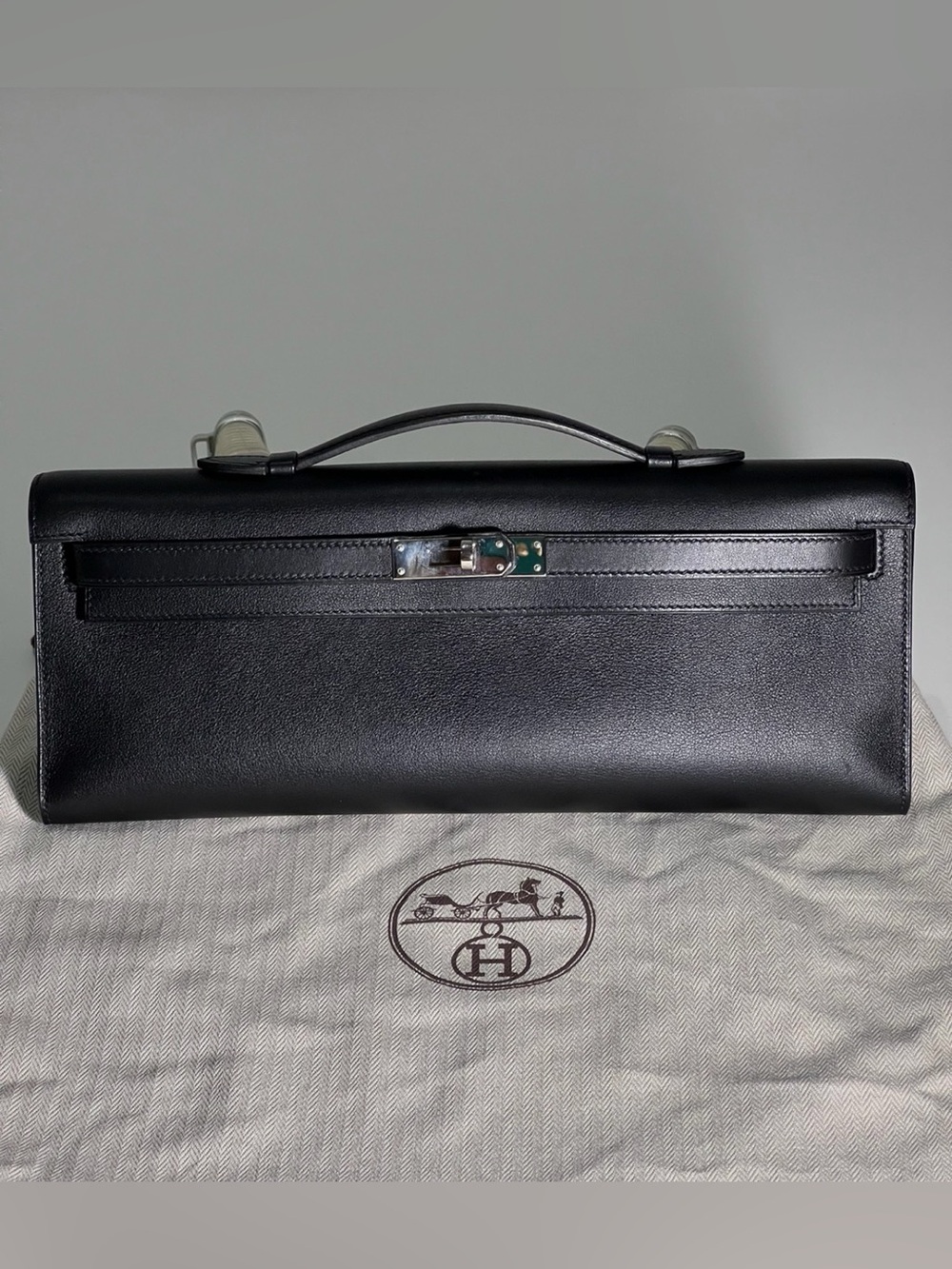 HERMES BLACK BOX CALF LEATHER KELLY CUT CLUTCH BAG PALLADIUM HARDWARE